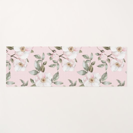 Tapis De Yoga Jolies fleurs roses et blanches (Devant (Horizontal))