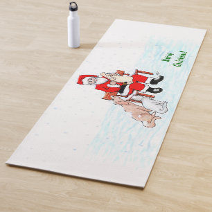 Tapis De Yoga Joyeux Noël! Père Noël avec chat et chien