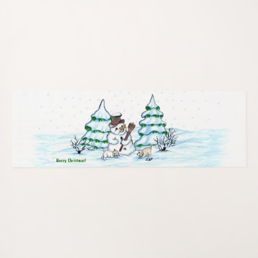Tapis De Yoga Joyeux Noël ! Snowman avec chat et chiot (Dos (Horizontal))