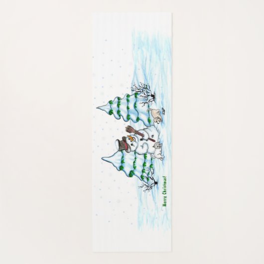 Tapis De Yoga Joyeux Noël ! Snowman avec chat et chiot (Dos)
