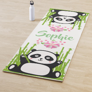 Tapis De Yoga Joyeux Panda avec bambou et fleurs de cerisiers