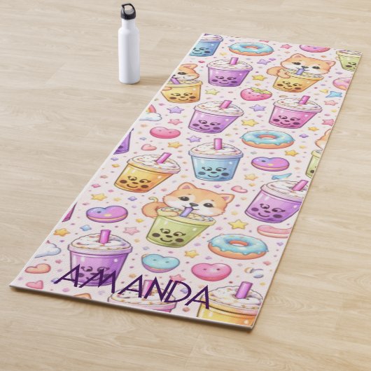 Tapis De Yoga Kawaii Shiba Inu Boba Bubble Tea Pattern (En situation)