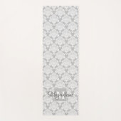 Tapis De Yoga Lacy White Damask sur Grey Monogram & Name (Devant)