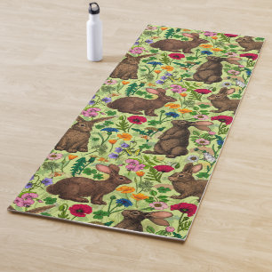 Tapis De Yoga Lapins et fleurs sauvages sur le vert miel