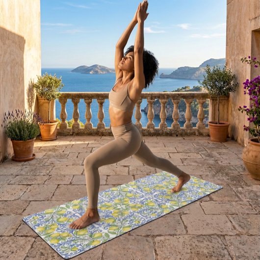 Tapis De Yoga Lemon Citrus Blue Mediterranean Tile Pattern