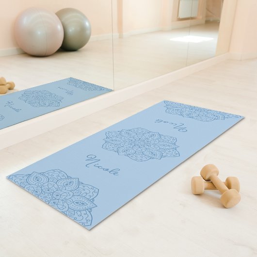 Tapis De Yoga Light Blue Beautiful Mandala With Custom Name