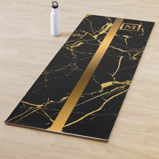 Tapis De Yoga Luxe Elégant Marbre Noir Or Moderne (En situation)