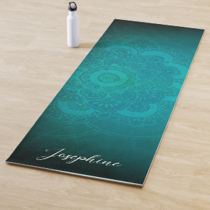 Tapis De Yoga Mandala bleu turquoise avec nom double face