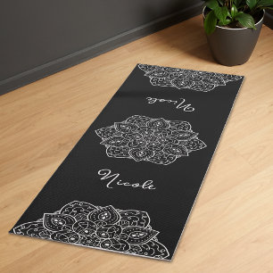 Tapis De Yoga Mandala Élégant Noir Et Blanc Avec Nom Personnalis