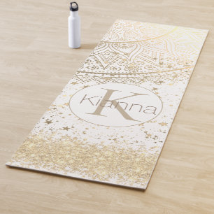Tapis De Yoga Mandala envoûtant avec des étoiles d'or sur blanc