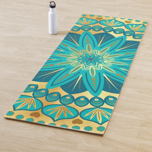 Tapis De Yoga Mandala Fleur Bleu Or (En situation)