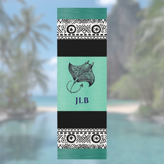 Tapis De Yoga Manta Ray Polynesian Pattern Teal Green Monogram 