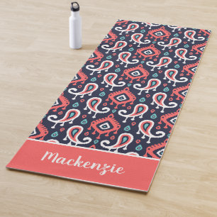 Tapis De Yoga Marine et corail Ikat Paisley Nom Monogramme