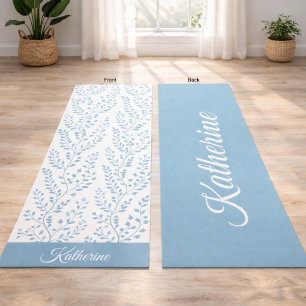 Tapis De Yoga Minimaliste Vintage Fleurie Bleu Poussiéreux Crème