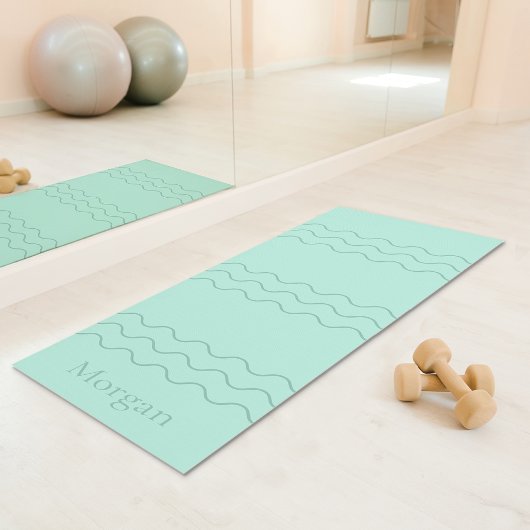 Tapis De Yoga Mint Green Modern Wavy Lines With Custom Name
