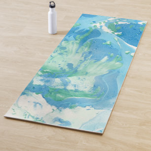 Tapis De Yoga Modèle d'art Abstrait moderne bleu vert blanc