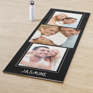 Tapis De Yoga Modern 3 Photo Collage Nom Personnalisé Noir
