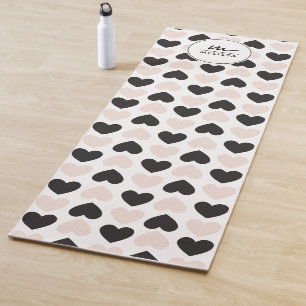 Tapis De Yoga Moderne Blush rose noir Coeurs d'amour Monogramme