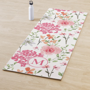 Tapis De Yoga Moderne Pastel Floral Aquarelle Monogramme Personn