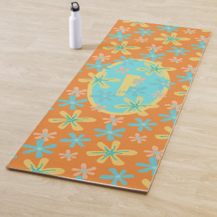 Tapis De Yoga Moderne tendance Floral Orange Yellow Cyan Monogra
