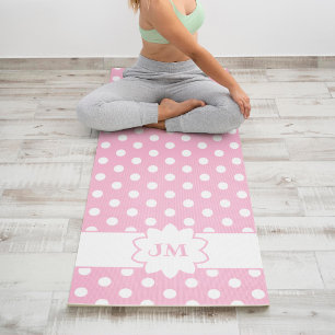 Tapis De Yoga Monogramme à points de polka rose et blanc