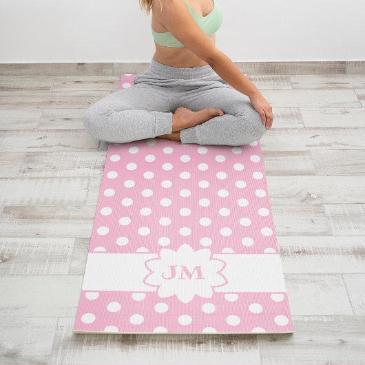 Tapis De Yoga Monogramme à points de polka rose et blanc