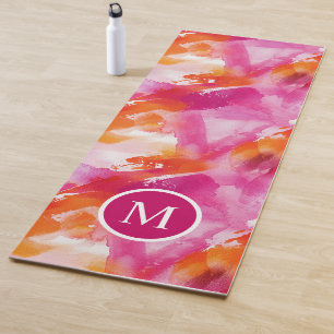 Tapis De Yoga Monogramme Aquarelle rose orange Abstrait