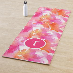 Tapis De Yoga Monogramme Aquarelle rose orange Abstrait