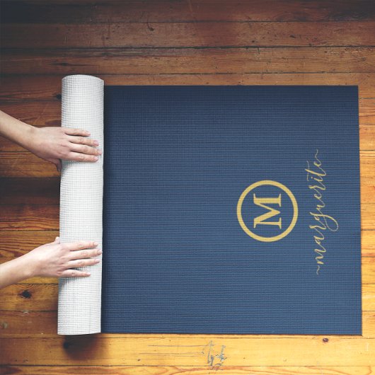 Tapis De Yoga Monogramme bleu marine et or