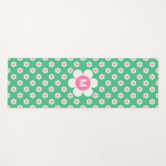 Tapis De Yoga Monogramme Custom Retro Daisis rose et vert (Devant (Horizontal))
