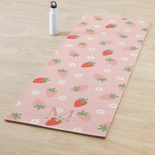 Tapis De Yoga Monogramme de fraises roses et rouges