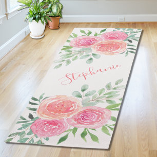 Tapis De Yoga Monogramme de nom aquarelle florale pastel