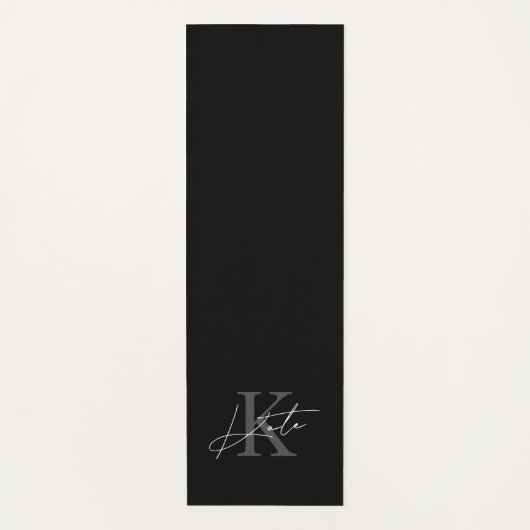 Tapis De Yoga Monogramme de script noir et blanc moderne (Devant)