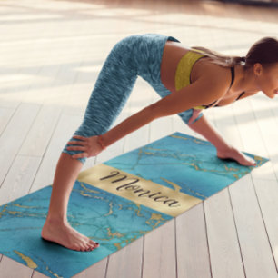 Tapis De Yoga Monogramme en pierre de marbre métallique bleu tur