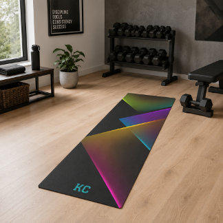 Tapis De Yoga Monogramme Géométrique Néon Noir Élégant