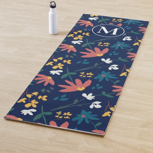 Tapis De Yoga Monogramme Moderne Bleu Boho Motif Floral (En situation)