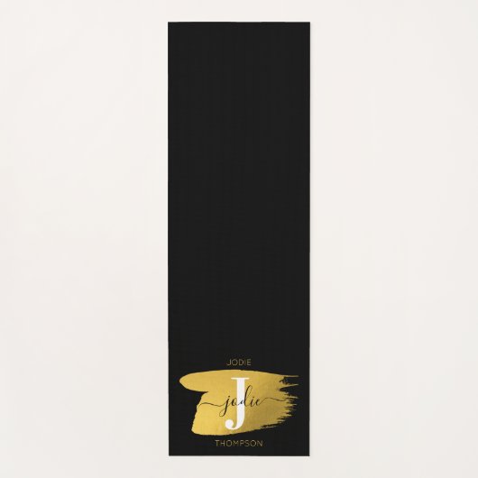 Tapis De Yoga Monogramme moderne noir et or (Devant)