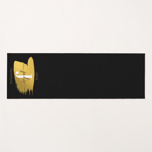 Tapis De Yoga Monogramme moderne noir et or (Devant (Horizontal))
