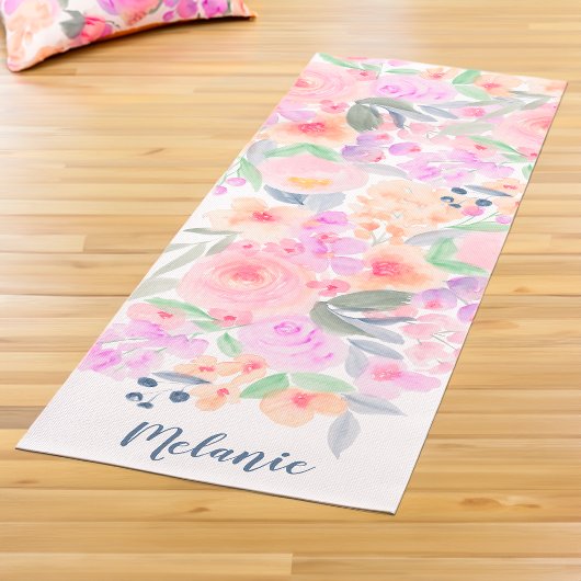 Tapis De Yoga monogramme moderne pastel floral aquarelle nom