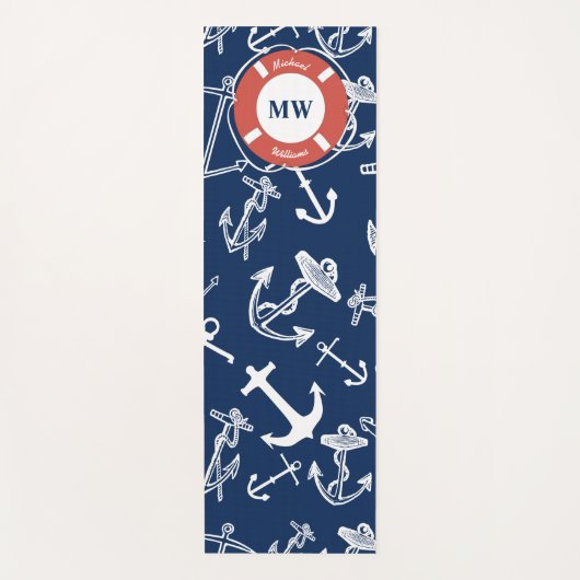 Tapis De Yoga Monogramme nautique Ancre bleu marine Motif (Devant)