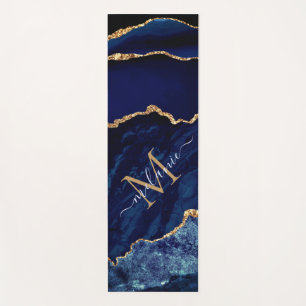 Tapis De Yoga Monogramme Nom Agate Marine Bleu Marbre Or Yoga Ma