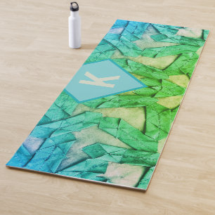 Tapis De Yoga Monogramme ombre bleu cyan vert nautique abstrait