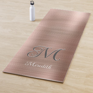 Tapis De Yoga Monogramme Personnalisé Chic Rose Écriture Métalli