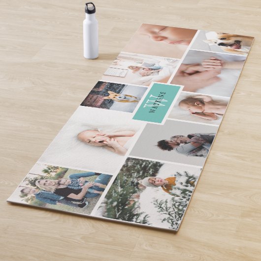 Tapis De Yoga Monogramme Turquoise sur une face Famille Collage (En situation)