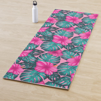 Tapis De Yoga Monstera feuilles et Hibiscus Turquoise et rose su