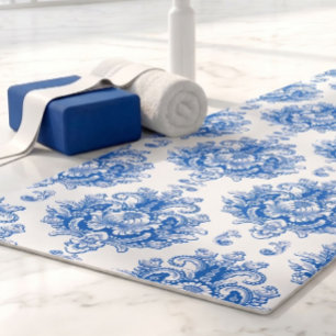 Tapis De Yoga Motif damassé méditerranéen bleu blanc élégant