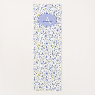 Tapis De Yoga Motif de fleur sauvage aquarelle bleue nom personn