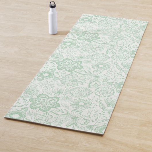 Tapis De Yoga Motif de fleurs rétro vertes (En situation)