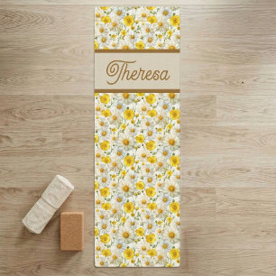 Tapis De Yoga Motif de fleurs sauvages jaunes Monogramme Nom