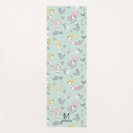 Tapis De Yoga Motif de sirène jaune et rose sur la menthe (Devant)